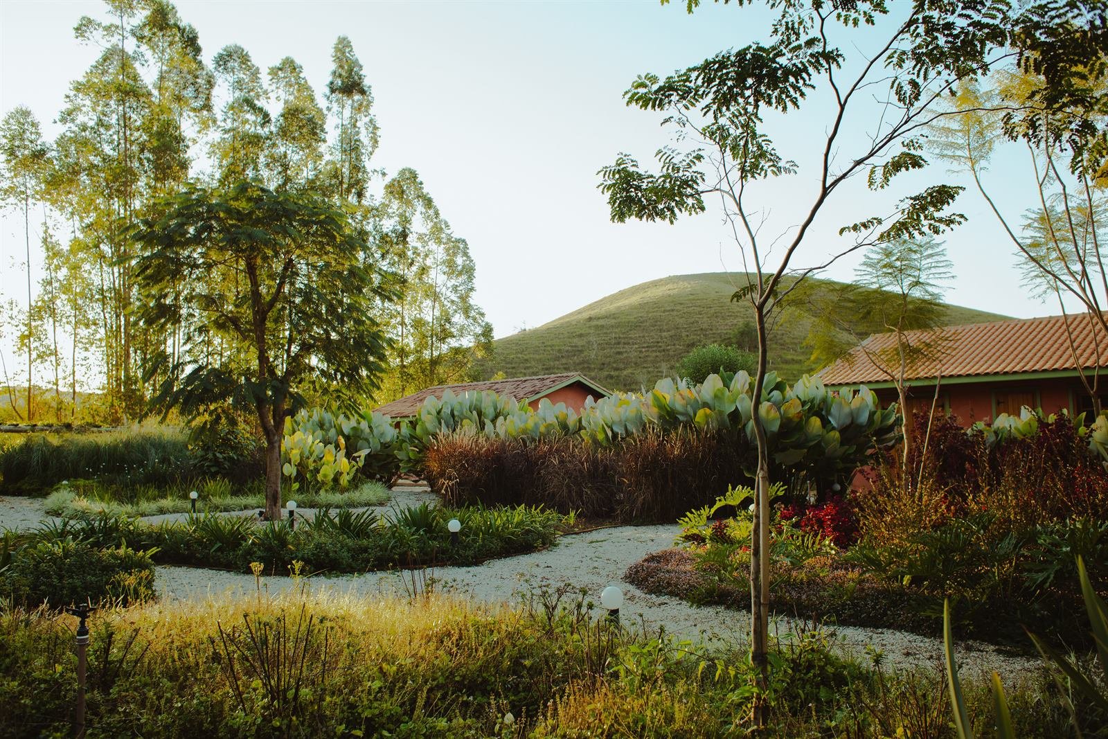 Jardim da Fazenda Santa Helena ao entardecer, com os telhados da sede e um morro ao fundo